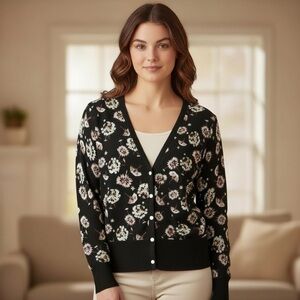 White House Black Market Floral Cardigan M Y2K Grandma Core Retro Chic Preppy